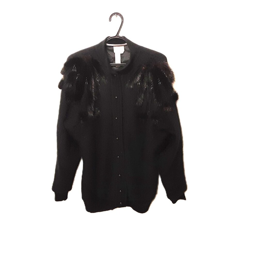 Vintage Miss Orly Beaded & Mink-Trimmed Cardigan Hong Kong Angora Blend Size M